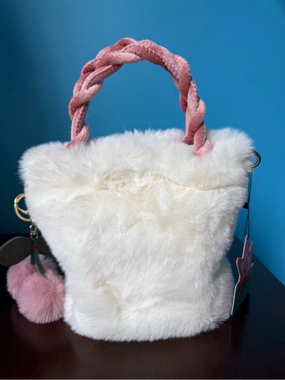 Plush Faux Fur Bucket Bag with Braided Pink Velvet Handles